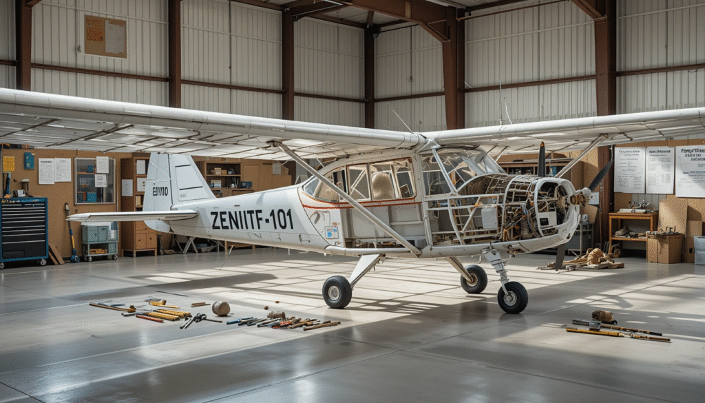 A partially assembled 1990 Zenith CH 701 aircraft in a bright hangar, wings attached, fuselage exposed, with tools on the floor, under soft natural lighting. Background shows open tool cabinets, aviation manuals, and blueprints pinned to a wall. Realistic detail, STOL aircraft design, amateur-build setting, high resolution.
