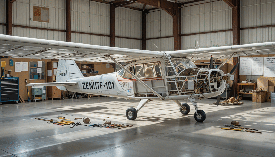 A partially assembled 1990 Zenith CH 701 aircraft in a bright hangar, wings attached, fuselage exposed, with tools on the floor, under soft natural lighting. Background shows open tool cabinets, aviation manuals, and blueprints pinned to a wall. Realistic detail, STOL aircraft design, amateur-build setting, high resolution.